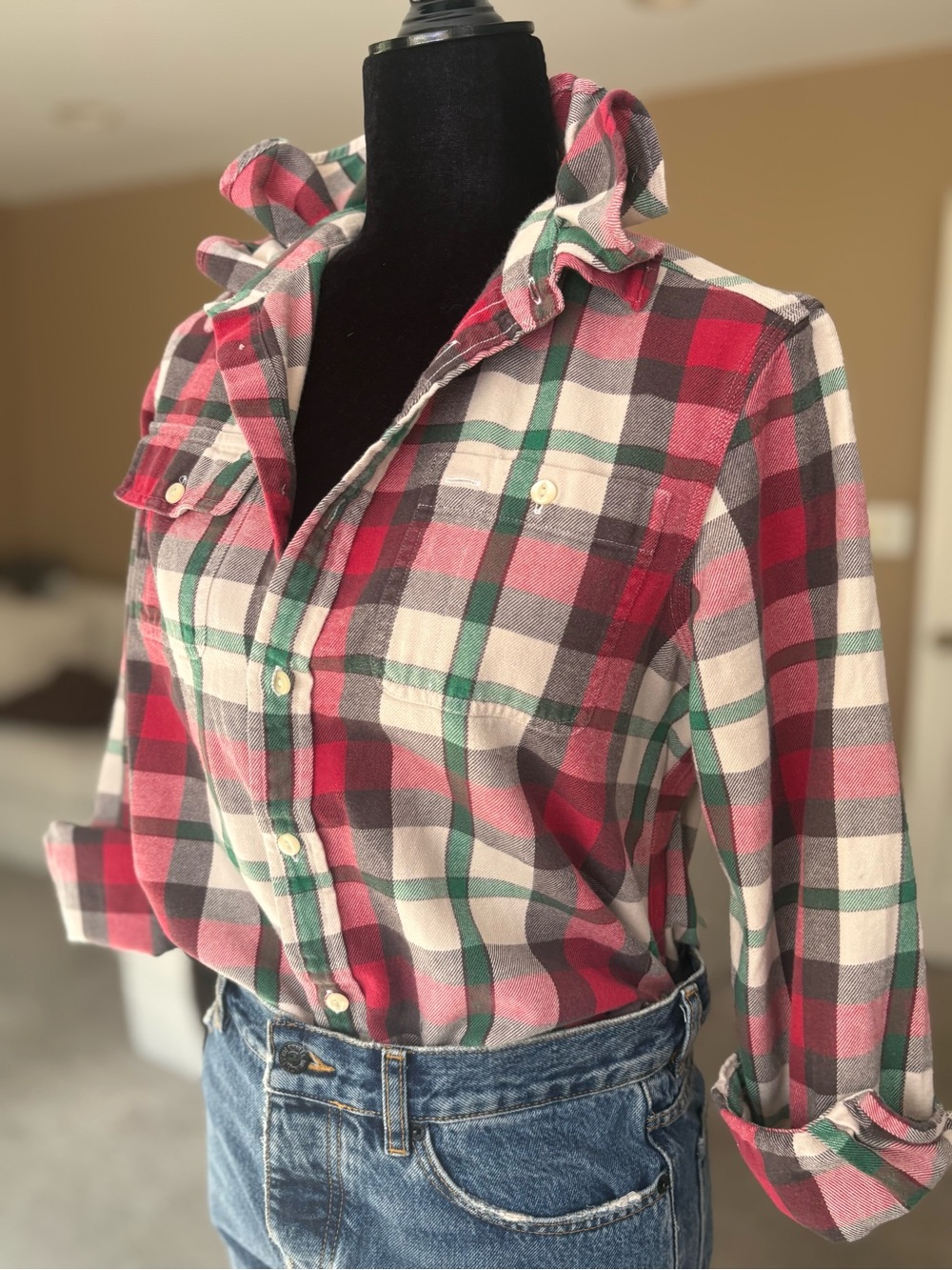 Reworked Ralph Lauren Christmas Plaid Button-Front Shirt - Red & Green Size XS/S